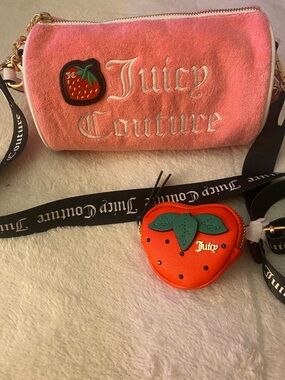 Juicy Couture Pink Plush Crossbody Barrel Bag with red Strawberry Coin Purse